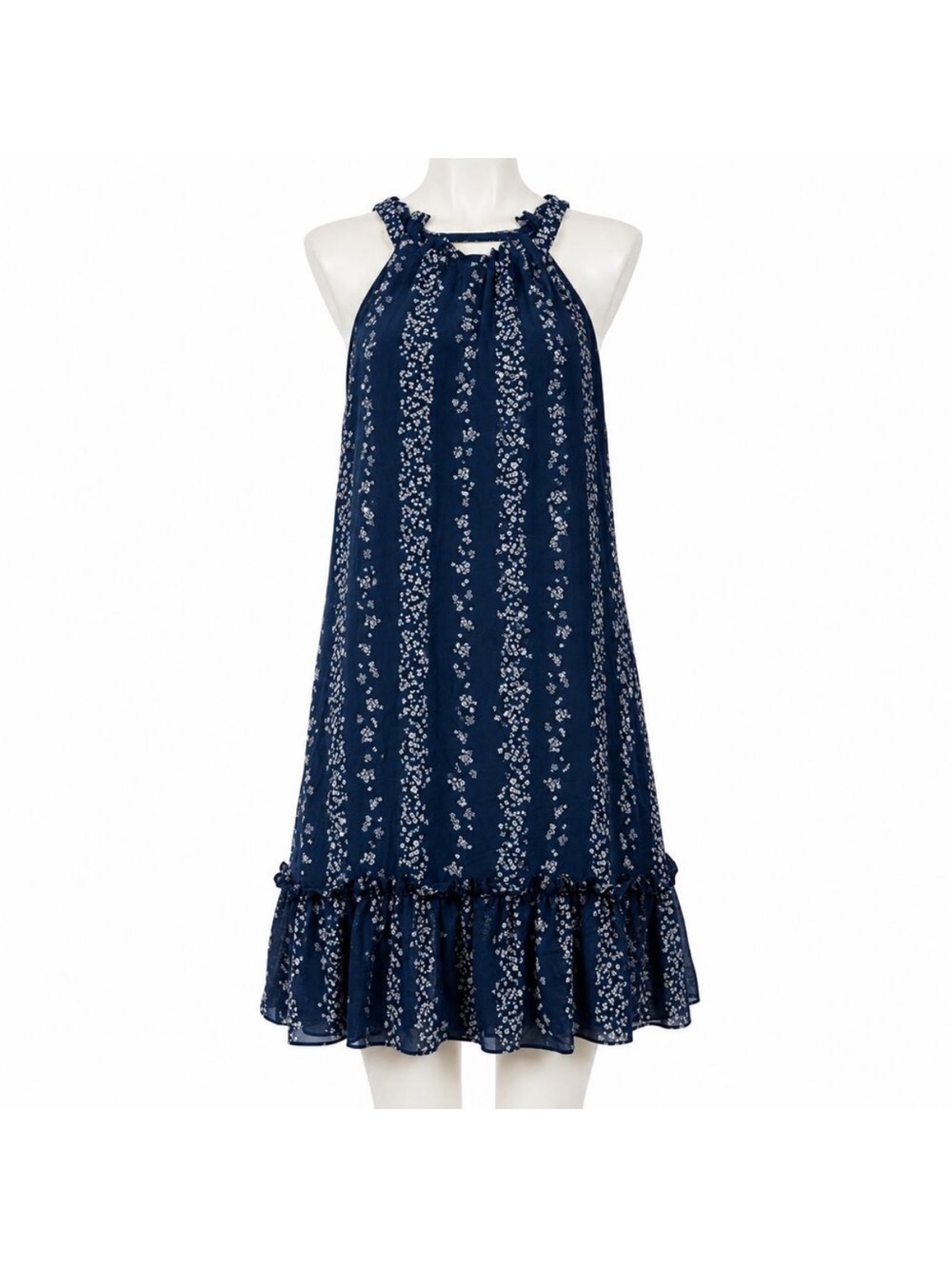 BCBG Paris Navy Blue Floral Halter Ruffle Hem Dress